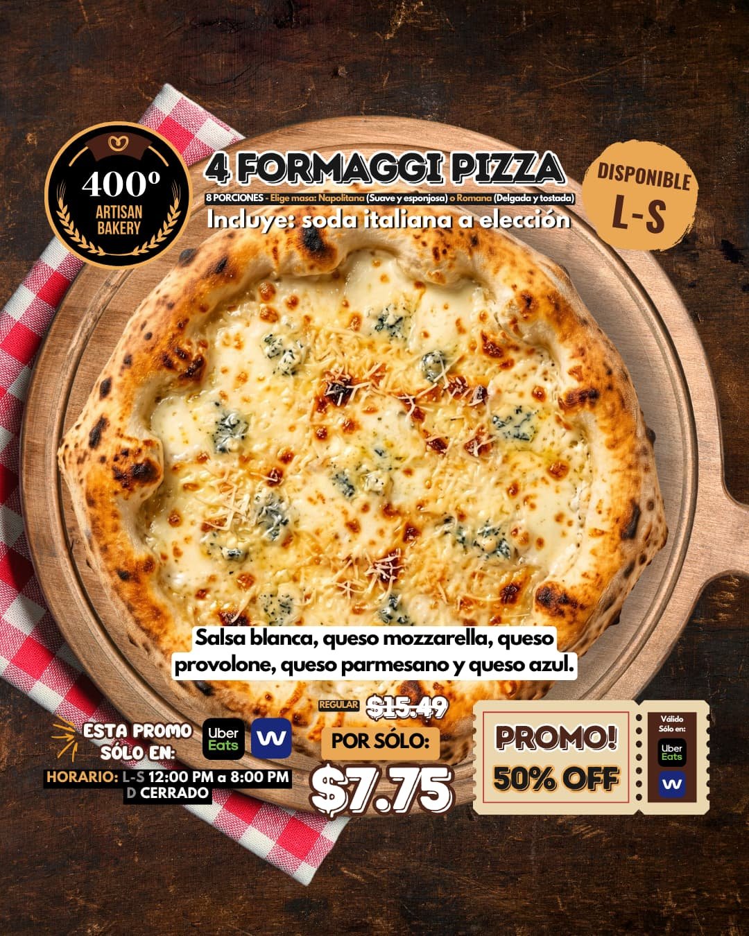 PROMO 4 FORMAGGI PIZZA - 50% OFF EN UBEREATS Y WERIS