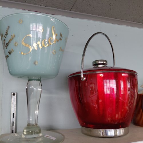 Mid Century Modern Vignette: Snacks Party Glassware, Red and Chrome Lidded Ice Bucket